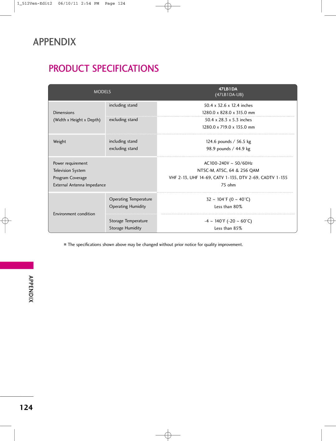 LG Electronics 47LB1DA manual Product Specifications, 124 