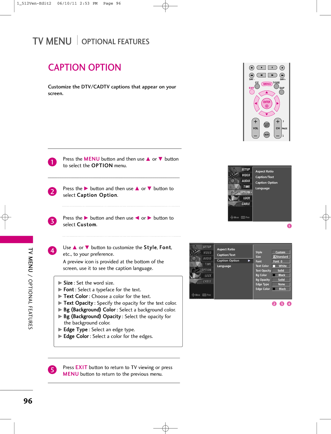 LG Electronics 47LB1DA manual Caption Option 