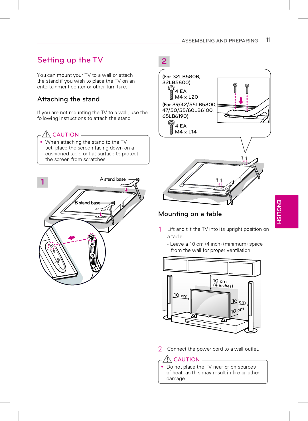 LG Electronics 42LB5800, 47LB5800, 32LB5800 owner manual Setting up the TV, Attaching the stand, Mounting on a table 