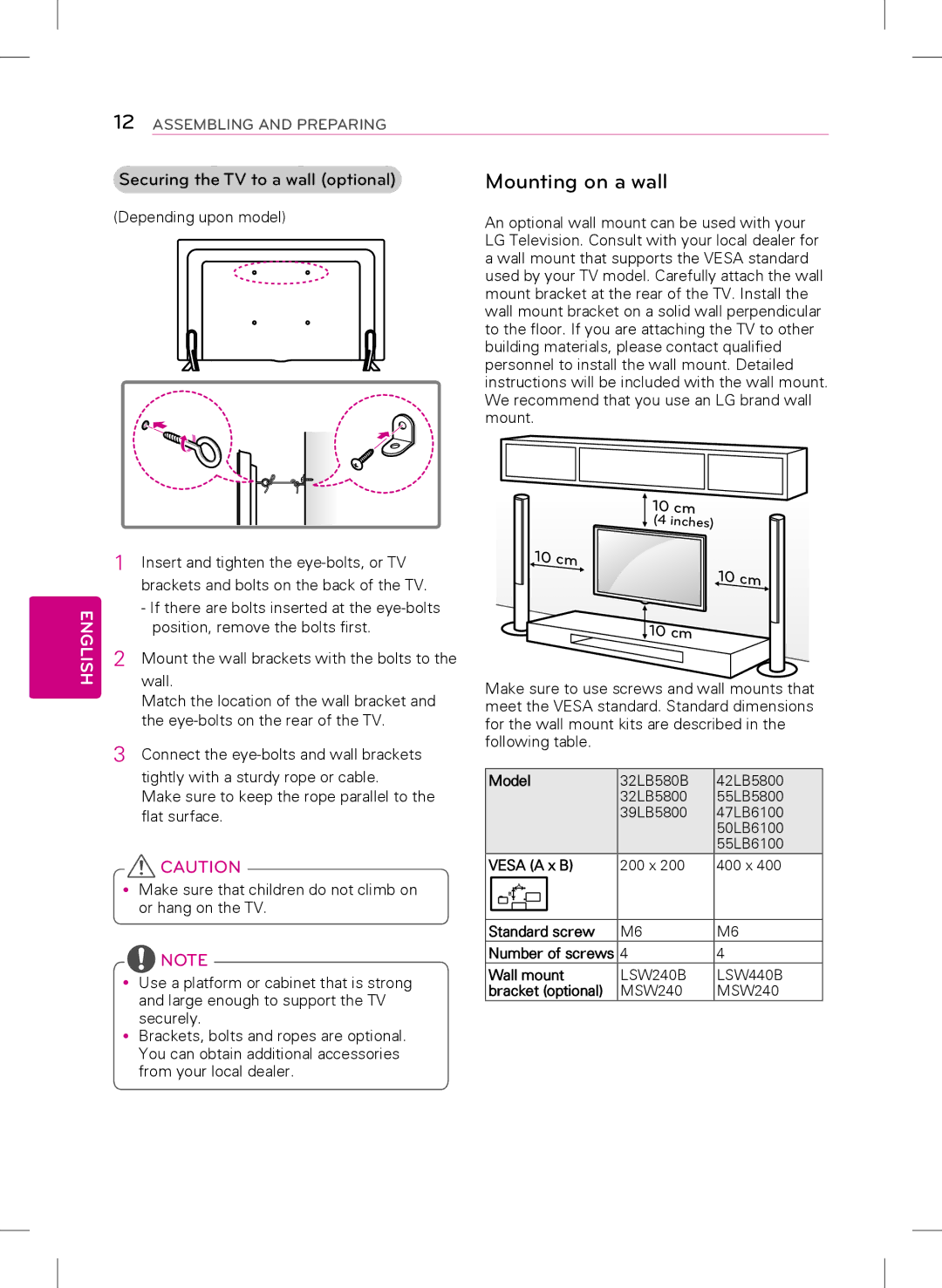 LG Electronics 47LB5800, 32LB5800, 42LB5800 owner manual Mounting on a wall, Securing the TV to a wall optional 