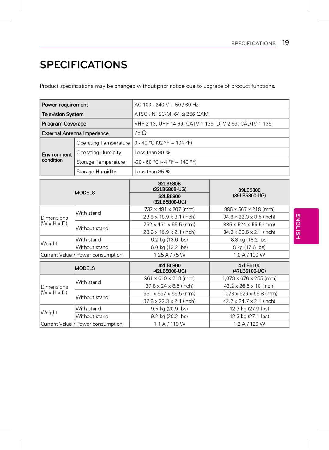 LG Electronics 32LB5800, 47LB5800, 42LB5800 owner manual Specifications, Condition 