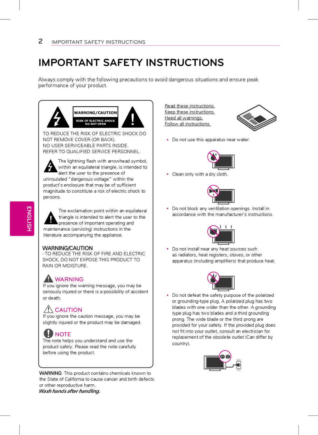 LG Electronics 42LB5800, 47LB5800, 32LB5800 owner manual Important Safety Instructions, English 