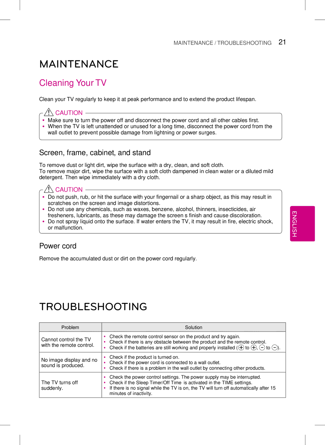 LG Electronics 47LB5800 Maintenance, Troubleshooting, Cleaning Your TV, Screen, frame, cabinet, and stand, Power cord 