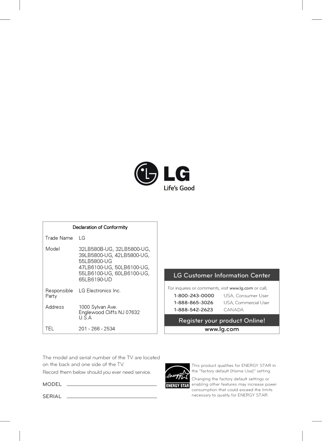 LG Electronics 47LB5800, 32LB5800, 42LB5800 owner manual LG Customer Information Center 