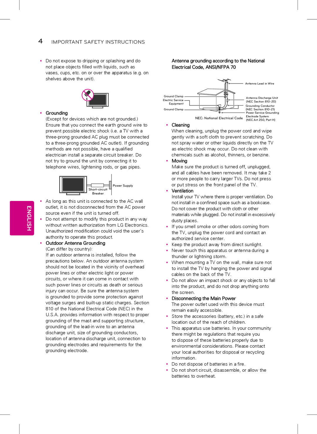 LG Electronics 32LB5800, 47LB5800, 42LB5800 owner manual YyOutdoor Antenna Grounding 