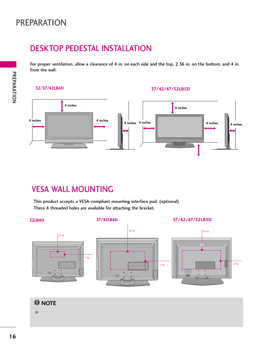 LG Electronics 47LB5D, 32LB4D, 37LB4D, 42LB4D, 42LB5D, 52LB5D owner manual Desktop Pedestal Installation, Vesa Wall Mounting 