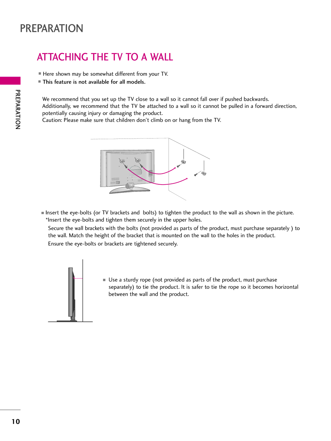 LG Electronics 47LBX, 42LBX, 52LBX owner manual Attaching the TV to a Wall 