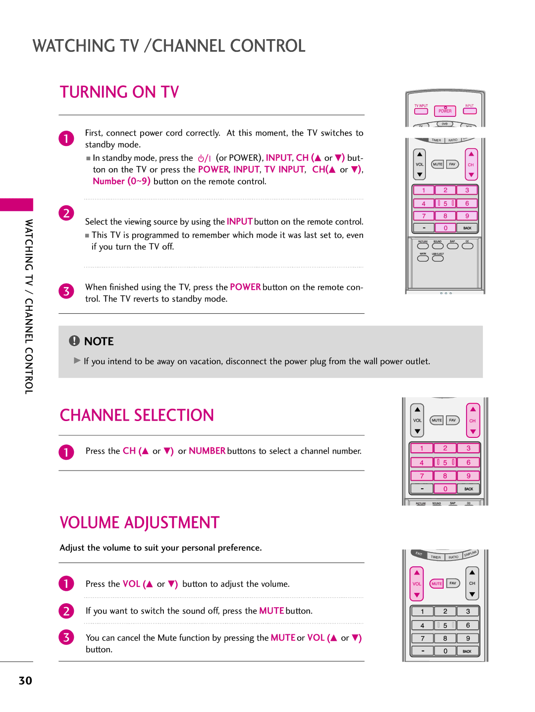 LG Electronics 52LBX, 47LBX, 42LBX Turning on TV, Channel Selection, Volume Adjustment, Watching TV / Channel, Control 