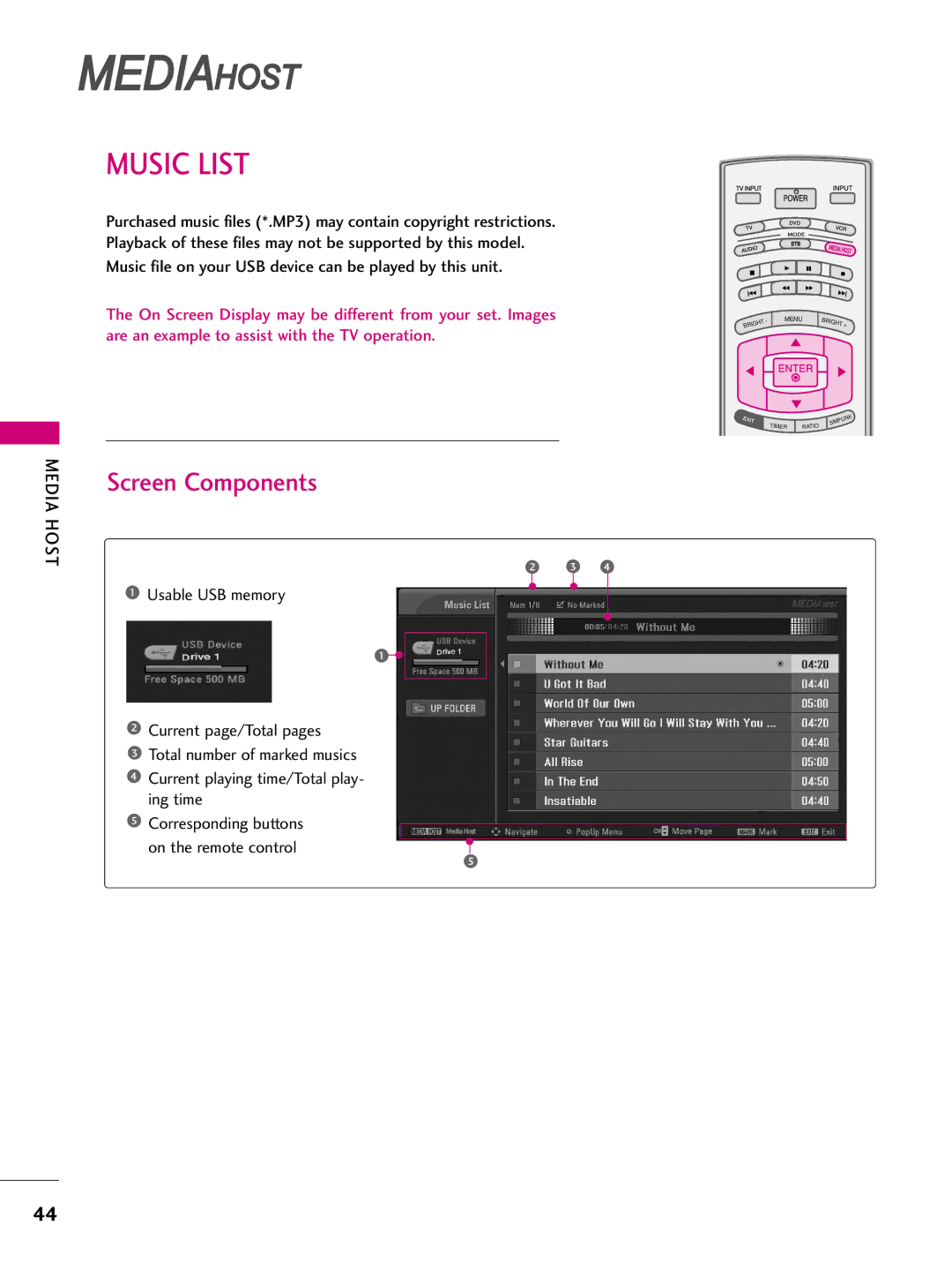 LG Electronics 42LBX, 47LBX, 52LBX Music List, Music file on your USB device can be played by this unit, Usable USB memory 