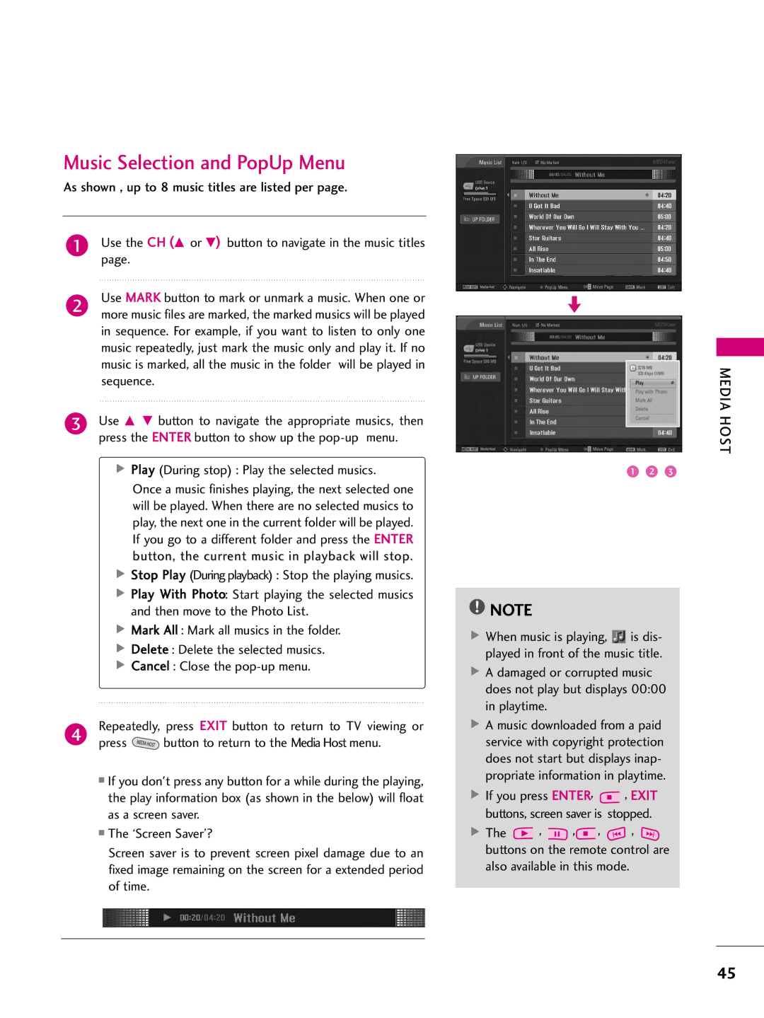 LG Electronics 52LBX, 47LBX, 42LBX owner manual Music Selection and PopUp Menu, Play During stop Play the selected musics 