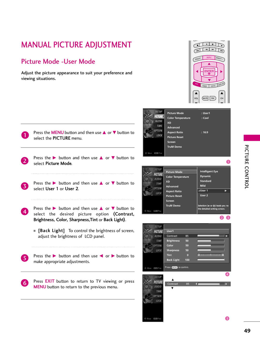 LG Electronics 47LBX, 42LBX, 52LBX owner manual Manual Picture Adjustment, Picture Mode -User Mode 