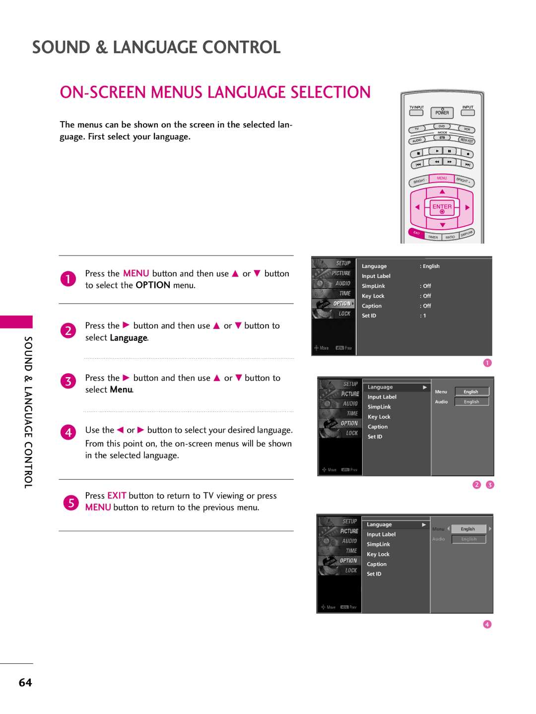 LG Electronics 47LBX, 42LBX, 52LBX owner manual ON-SCREEN Menus Language Selection 