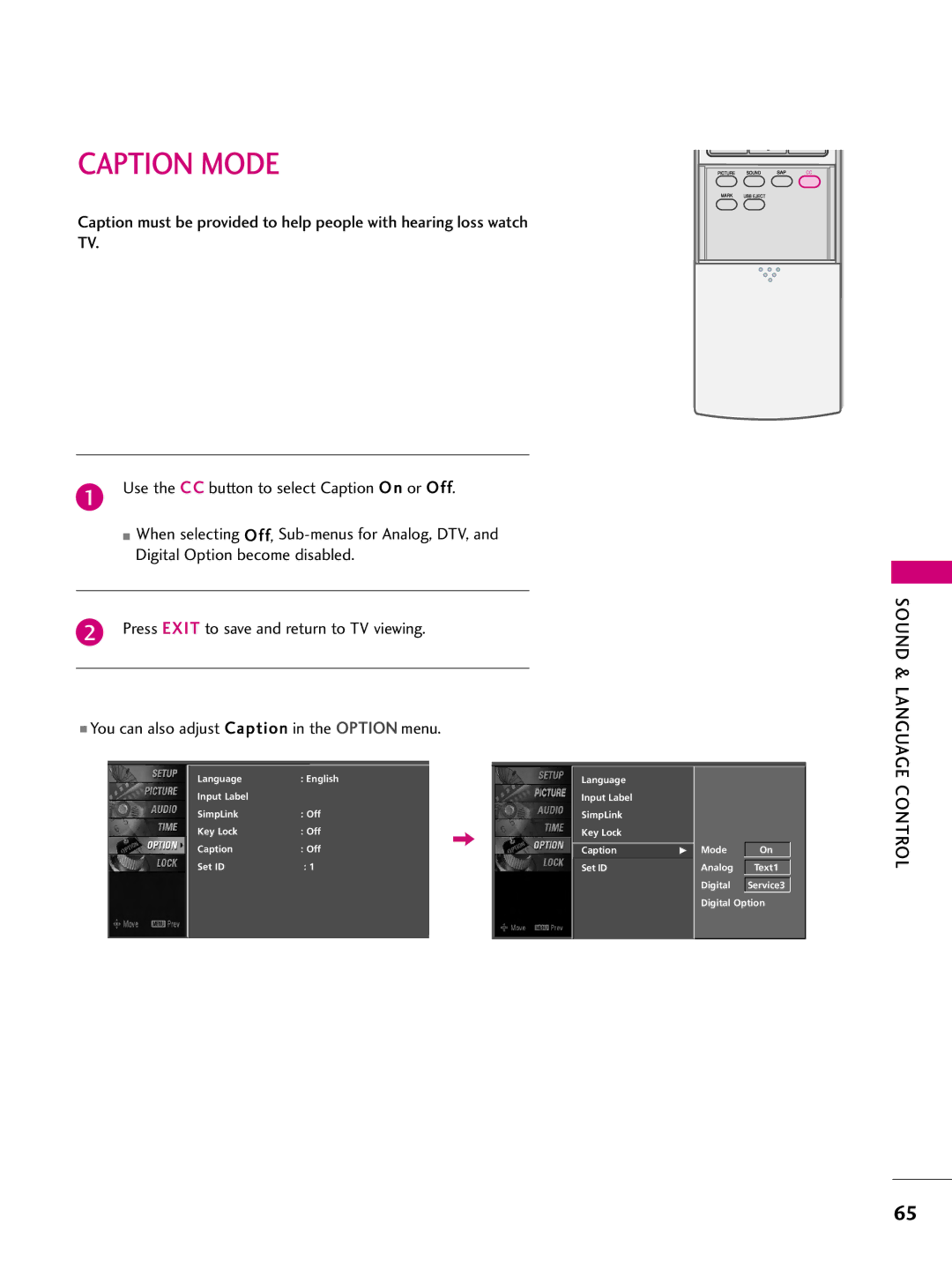 LG Electronics 42LBX, 47LBX, 52LBX owner manual Caption Mode 