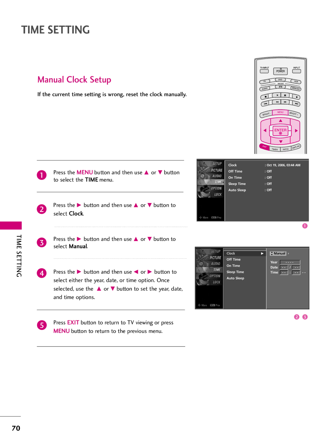 LG Electronics 47LBX, 42LBX, 52LBX owner manual Manual Clock Setup, Time, Setting 