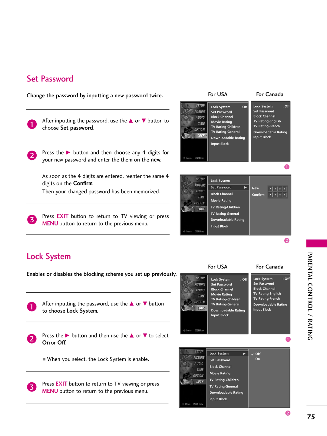 LG Electronics 52LBX, 47LBX, 42LBX Set Password, For USA, On or Off, When you select, the Lock System is enable 