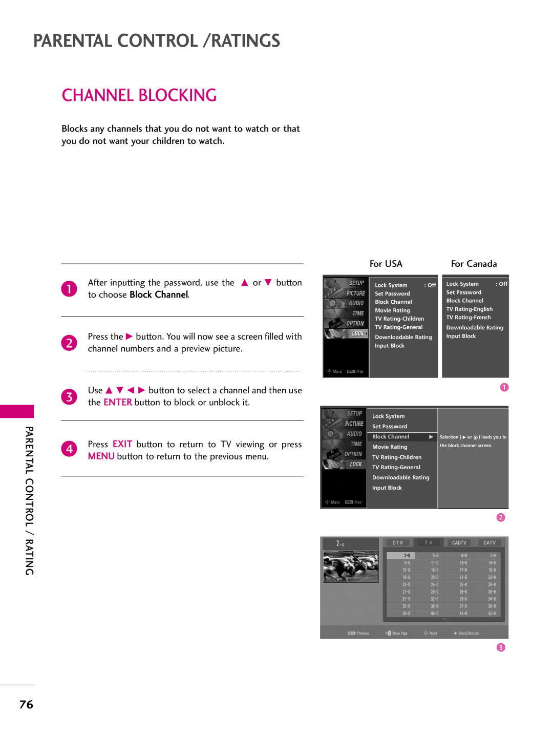 LG Electronics 47LBX, 42LBX, 52LBX Channel Blocking, To choose Block Channel, Channel numbers and a preview picture 