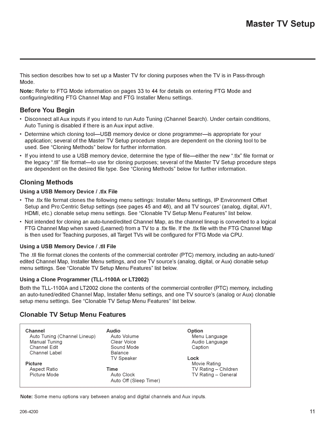 LG Electronics 37LD555H, 47LD555H Master TV Setup, Before You Begin, Cloning Methods, Clonable TV Setup Menu Features 