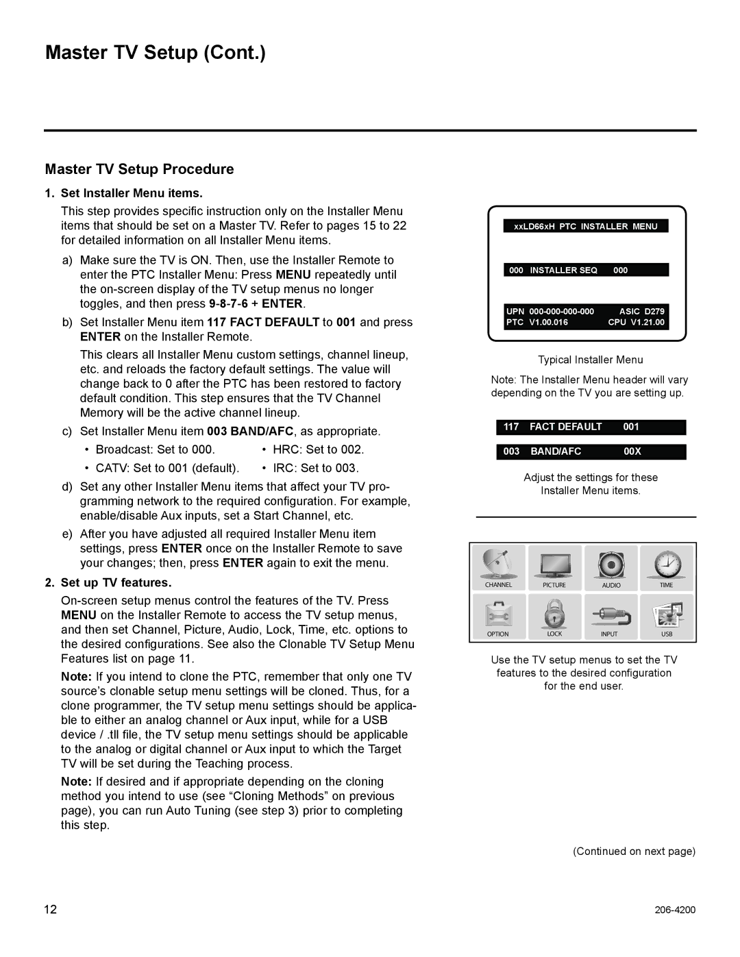 LG Electronics 37LD665H, 47LD555H, 42LD665H Master TV Setup Procedure, Set Installer Menu items, Set up TV features 