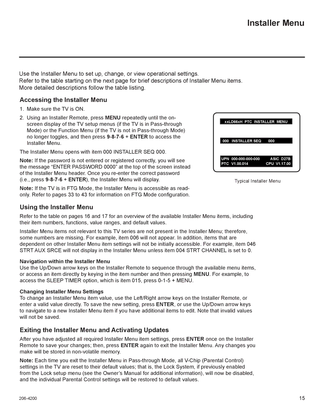 LG Electronics 32LD660H, 47LD555H, 42LD665H, 37LD555H, 37LD665H Accessing the Installer Menu, Using the Installer Menu 