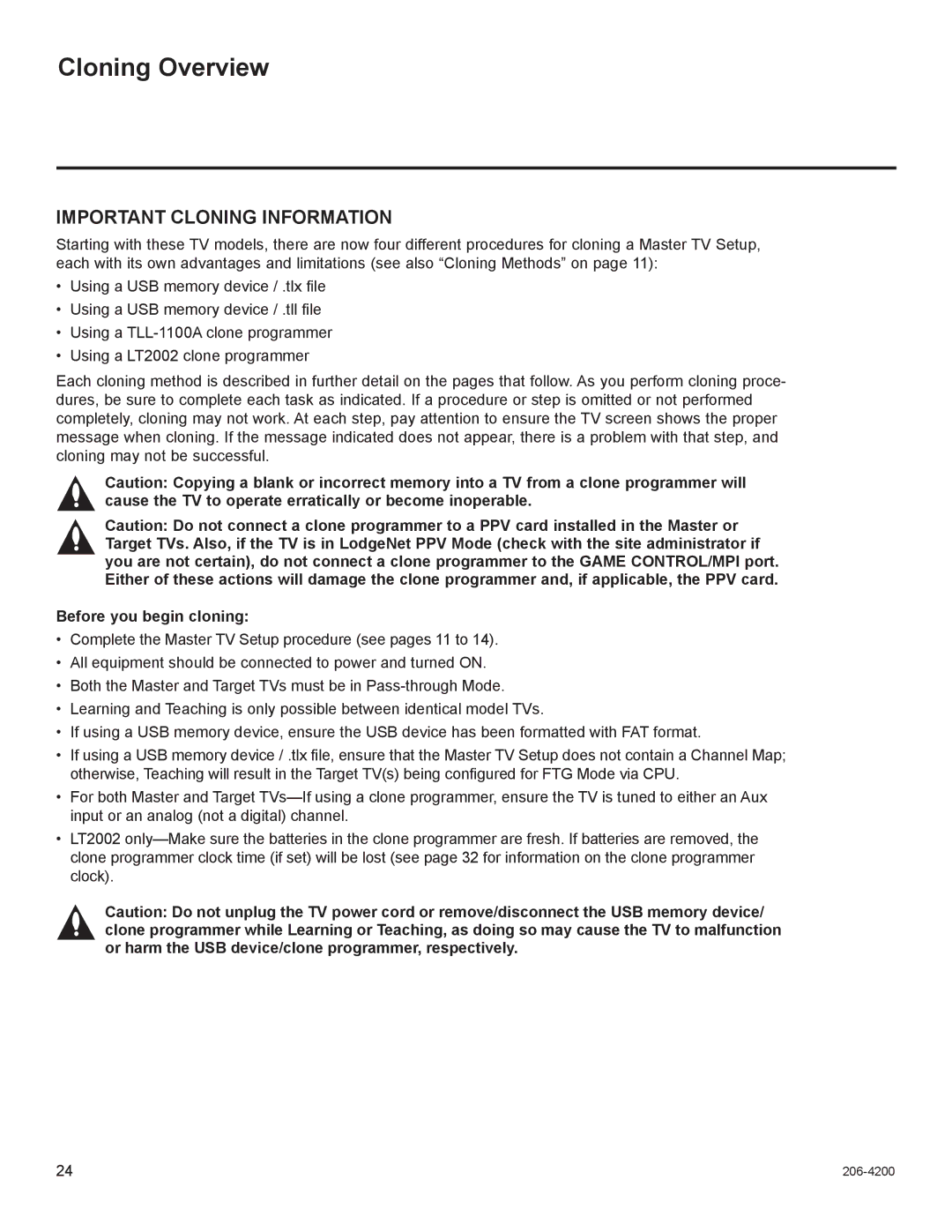 LG Electronics 32LD660H, 47LD555H, 42LD665H, 37LD555H, 37LD665H, 32LD665H, 32LD555H Cloning Overview, Before you begin cloning 