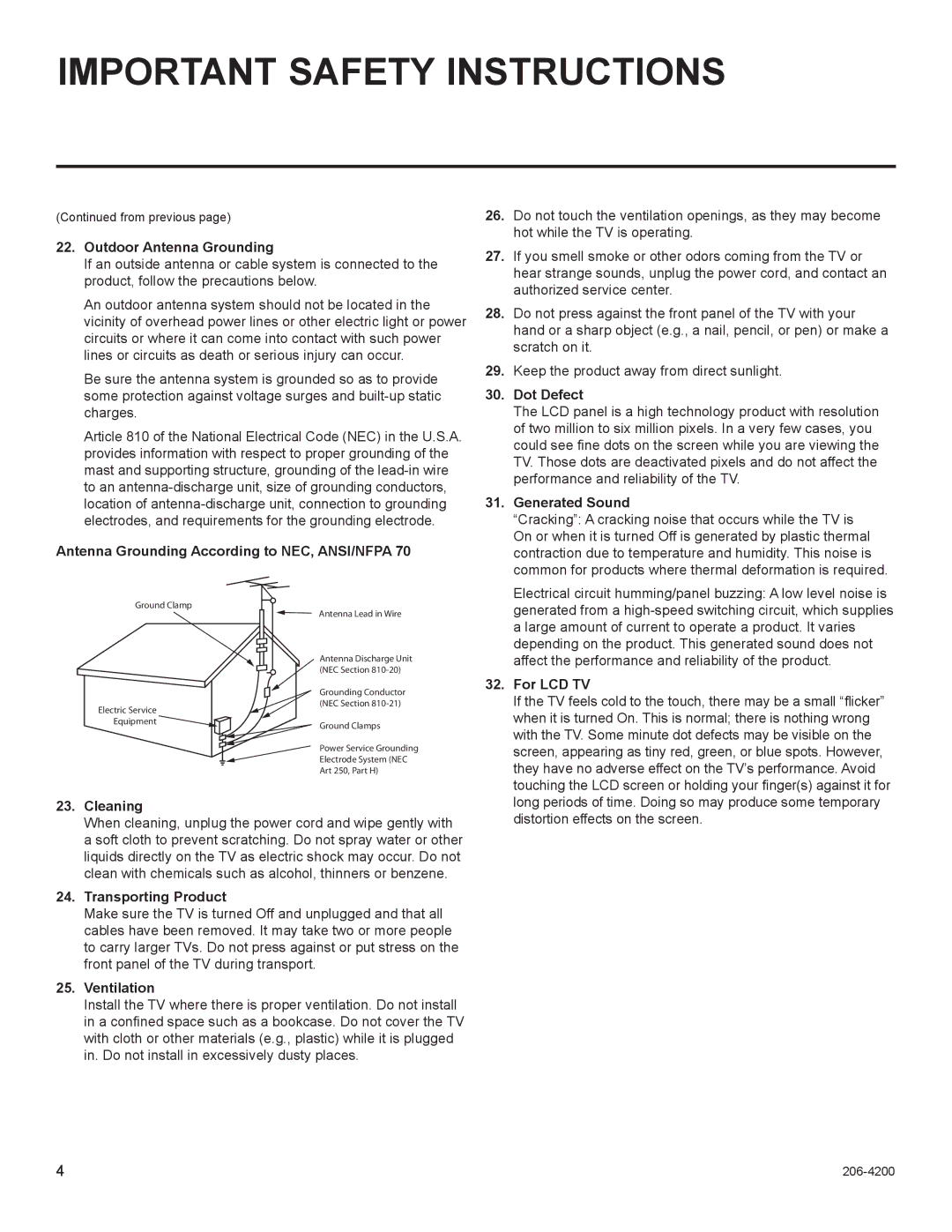 LG Electronics 32LD665H Outdoor Antenna Grounding, Antenna Grounding According to NEC, ANSI/NFPA, Cleaning, Ventilation 