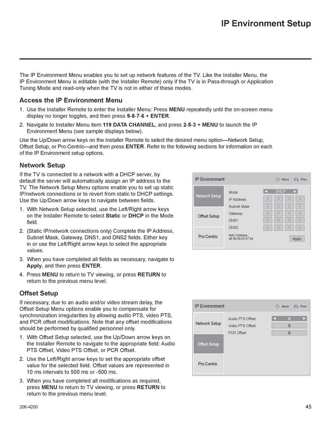 LG Electronics 47LD555H, 42LD665H IP Environment Setup, Access the IP Environment Menu, Network Setup, Offset Setup 