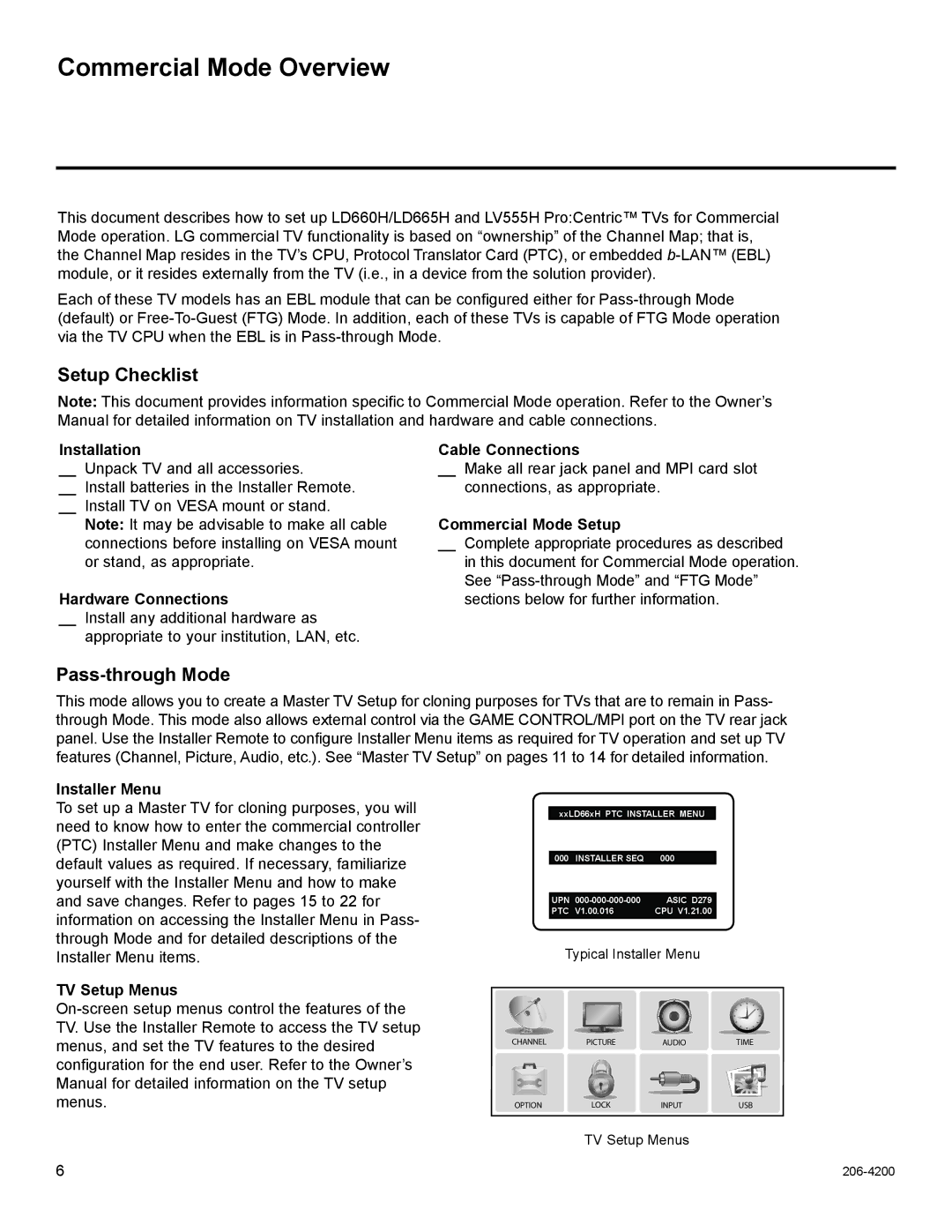 LG Electronics 32LD660H, 47LD555H, 42LD665H, 37LD555H, 37LD665H Commercial Mode Overview, Setup Checklist, Pass-through Mode 