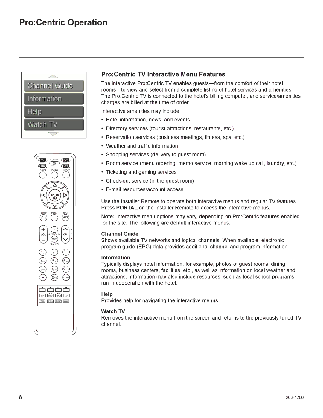 LG Electronics 55LD555H, 47LD555H, 42LD665H, 37LD555H, 37LD665H ProCentric Operation, ProCentric TV Interactive Menu Features 