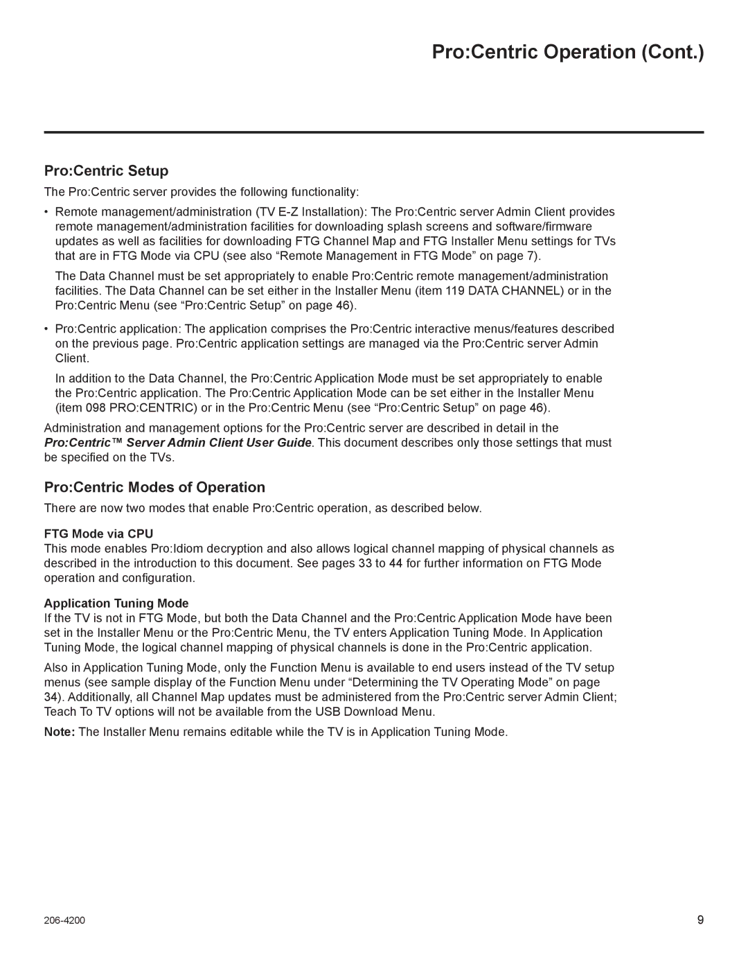 LG Electronics 47LD555H ProCentric Setup, ProCentric Modes of Operation, FTG Mode via CPU, Application Tuning Mode 