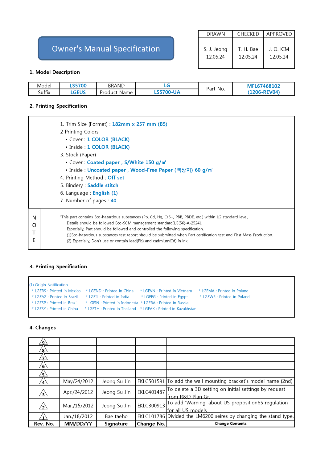 LG Electronics LS5700 owner manual Model Description, Printing Specification, Changes May/24/2012, Apr./24/2012, Rev. No 