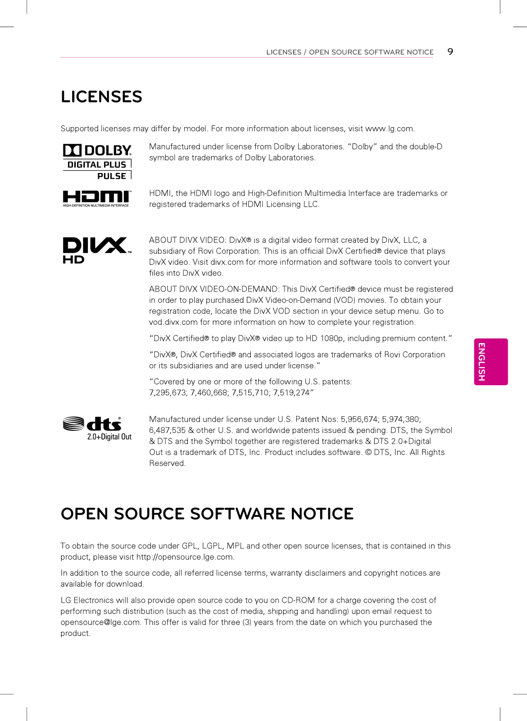 LG Electronics 42LS5700, 47LS5700 owner manual Licenses, Open Source Software Notice 