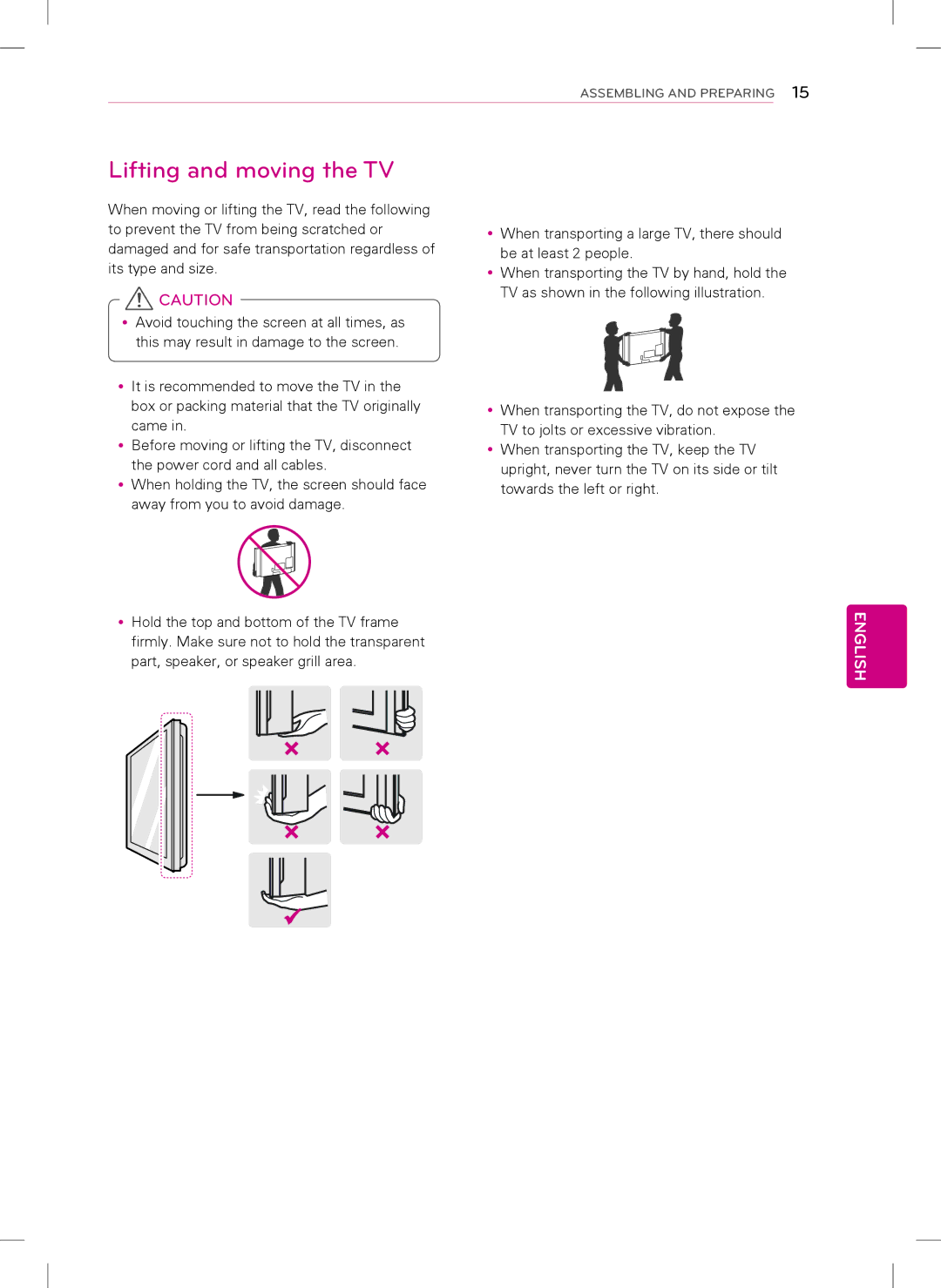 LG Electronics 42LS5700, 47LS5700 owner manual Lifting and moving the TV 