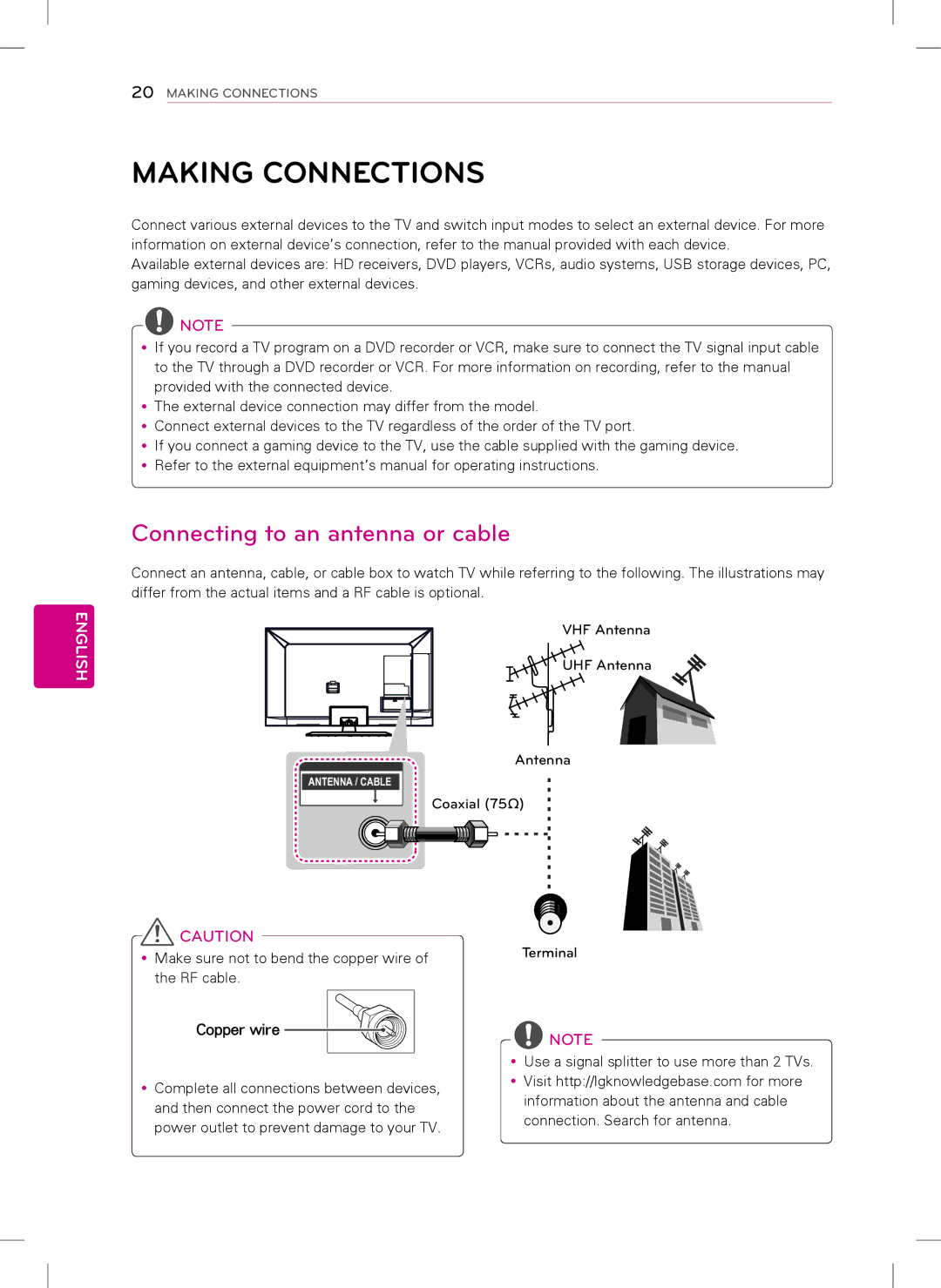 LG Electronics 47LS5700, 42LS5700 owner manual Making Connections, Connecting to an antenna or cable, Copper wire 