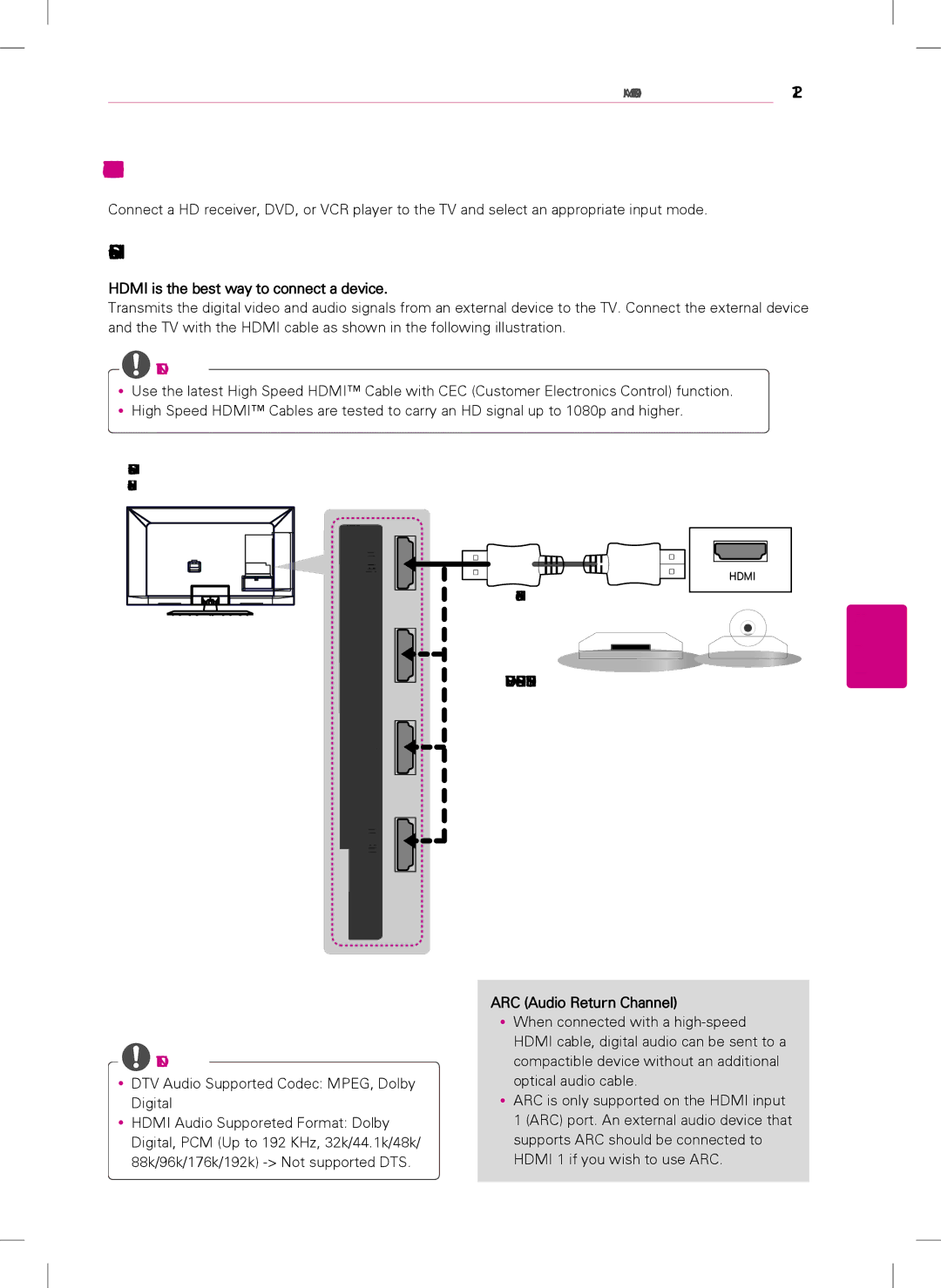 LG Electronics 42LS5700, 47LS5700 owner manual Connecting to a HD receiver, DVD, or VCR player, Hdmi Connection 