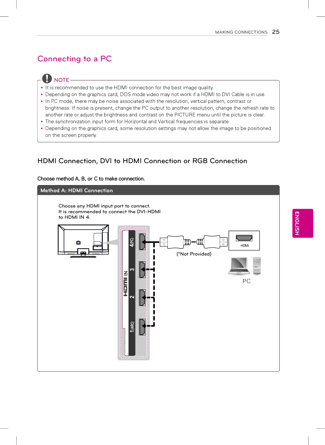 LG Electronics 47LS5700, 42LS5700 owner manual Connecting to a PC, Hdmi Connection, DVI to Hdmi Connection or RGB Connection 