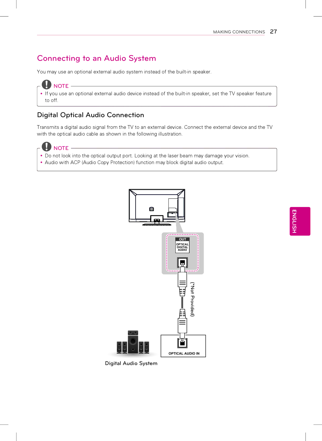 LG Electronics 42LS5700, 47LS5700 owner manual Connecting to an Audio System, Digital Optical Audio Connection 