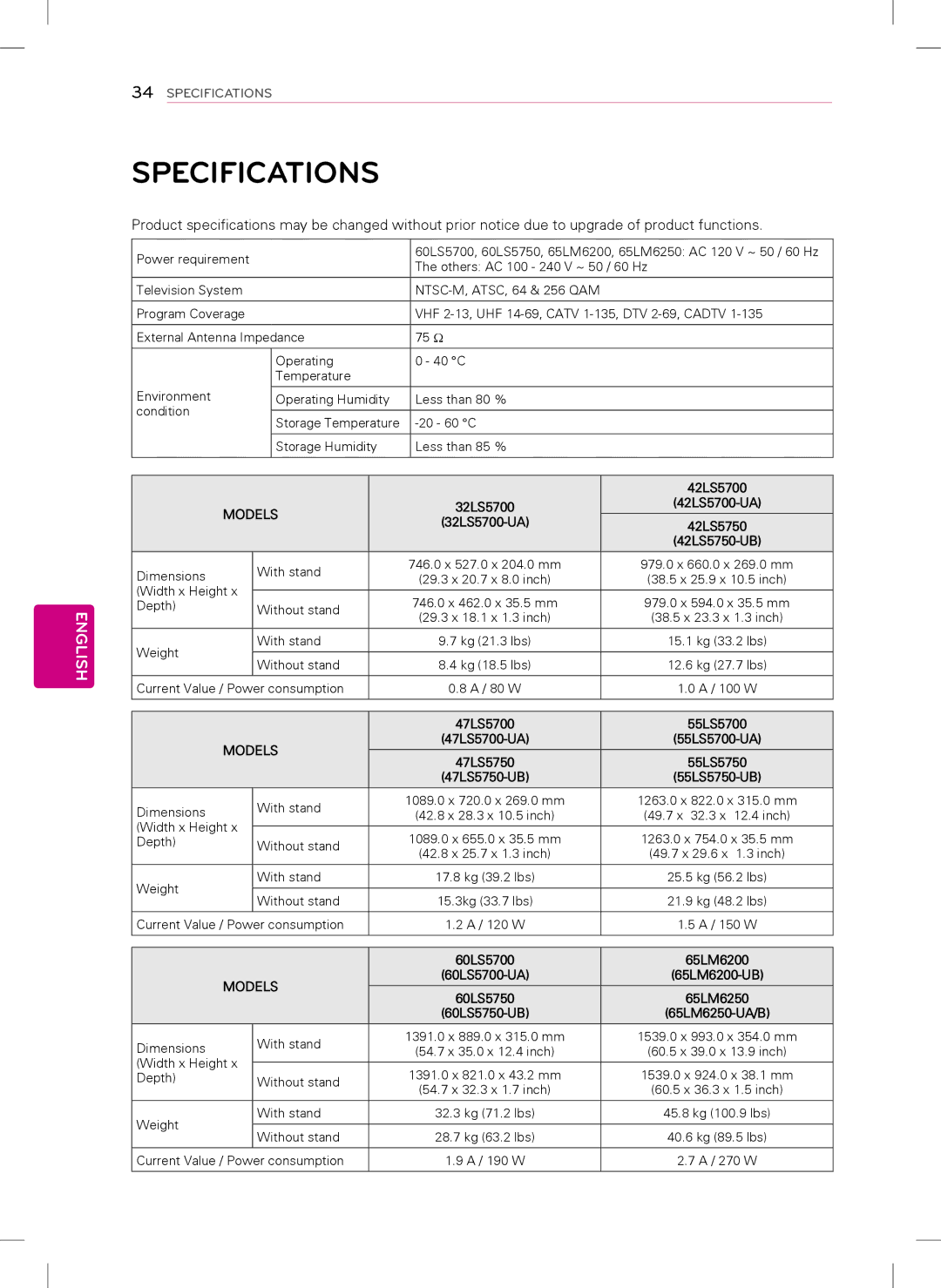 LG Electronics 47LS5700, 42LS5700 owner manual Specifications, 32LS5700-UA 