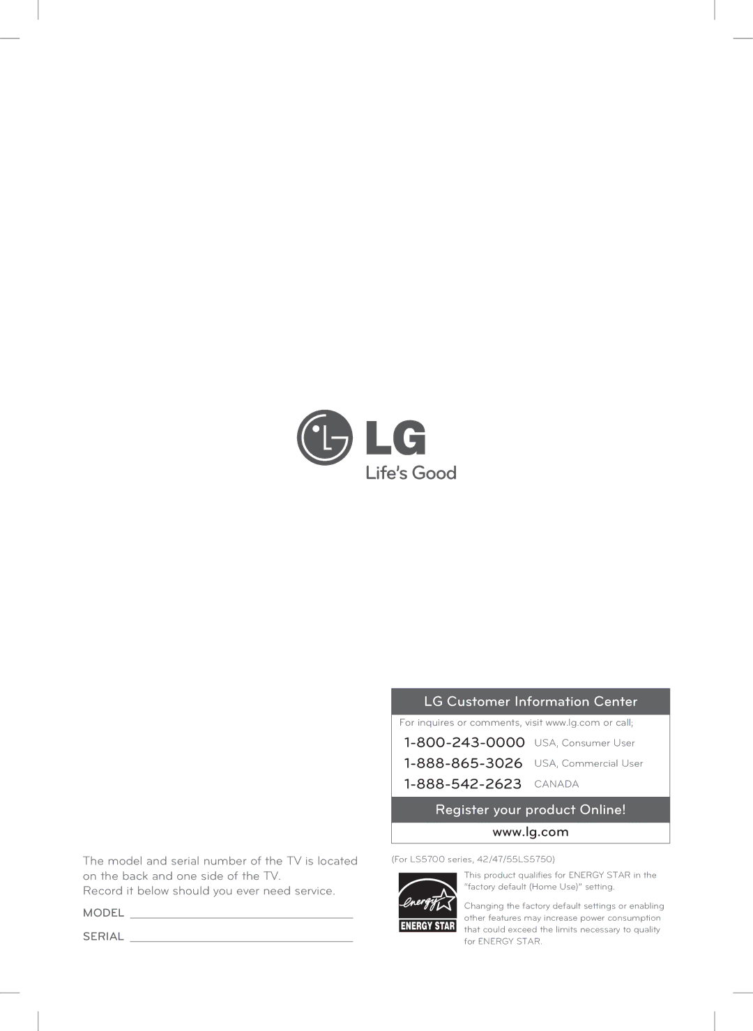 LG Electronics 47LS5700, 42LS5700 owner manual LG Customer Information Center 