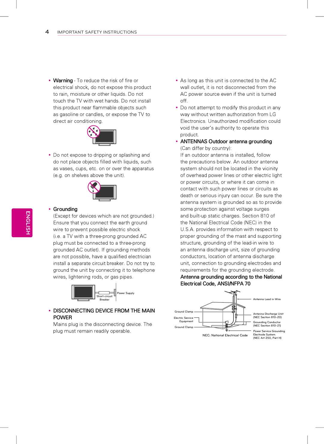 LG Electronics 47LS5700, 42LS5700 owner manual YyGrounding, YyANTENNAS Outdoor antenna grounding Can differ by country 