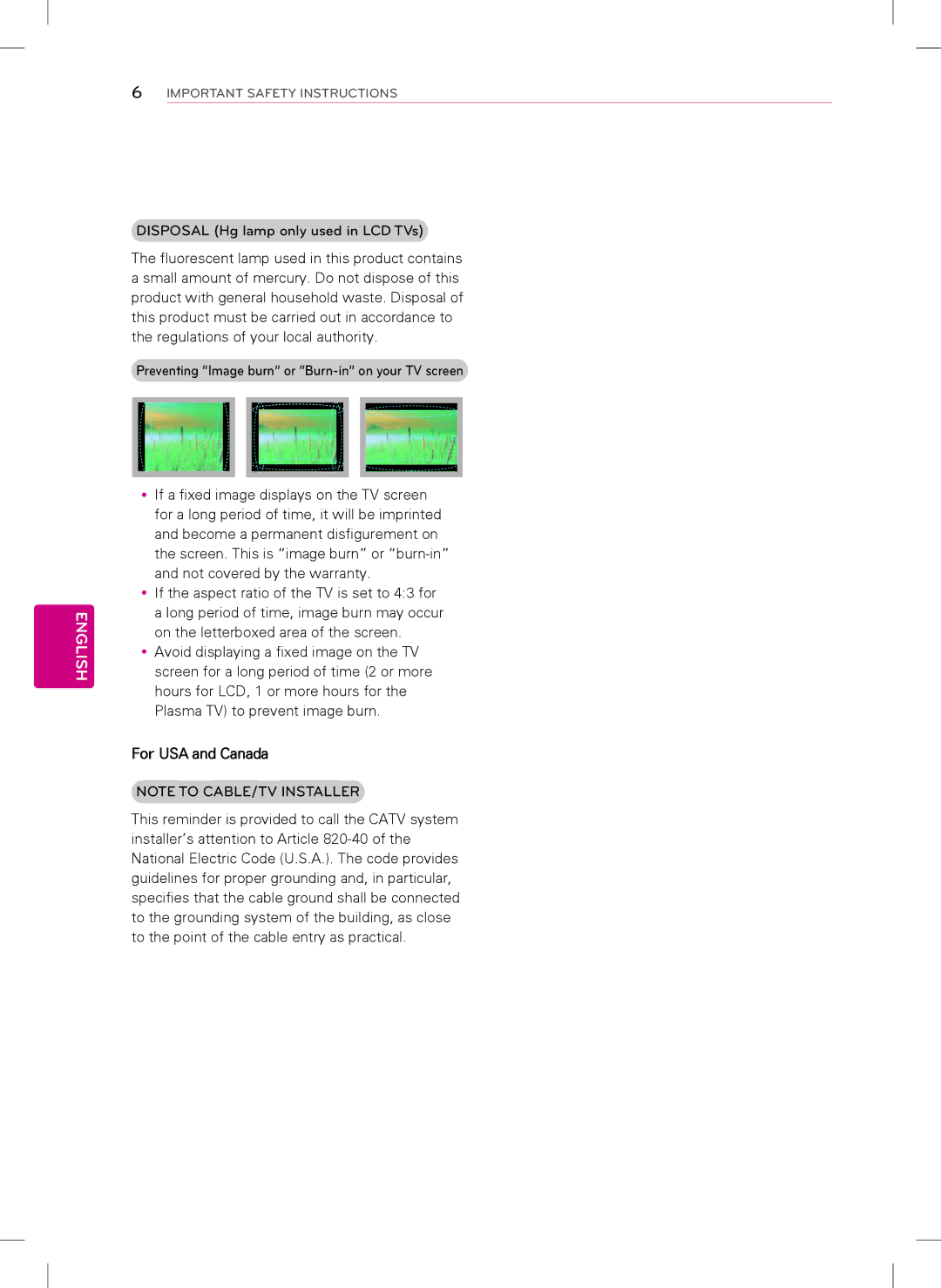 LG Electronics 42LS5700, 47LS5700 owner manual Disposal Hg lamp only used in LCD TVs, For USA and Canada 