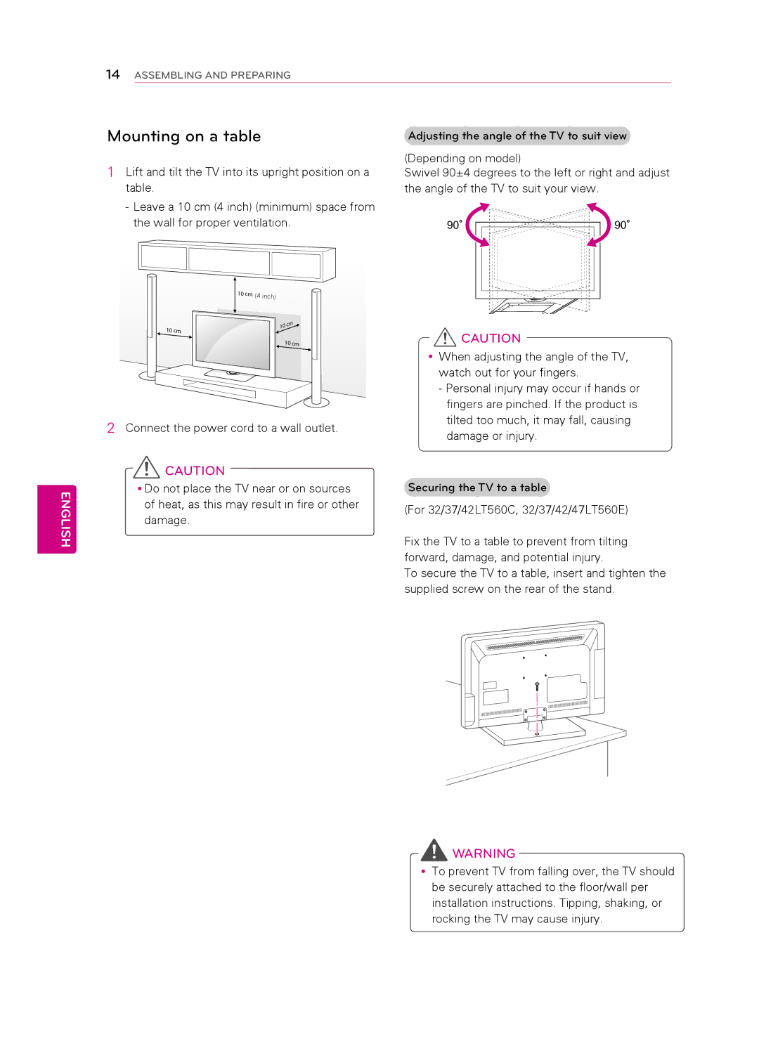 LG Electronics 22LT560C, 47LT560E, 42LT560E, 42LT560C, 37LT560E, 37LT560C, 26LT560C, 32LT560E, 32LT560C manual Mounting on a table 