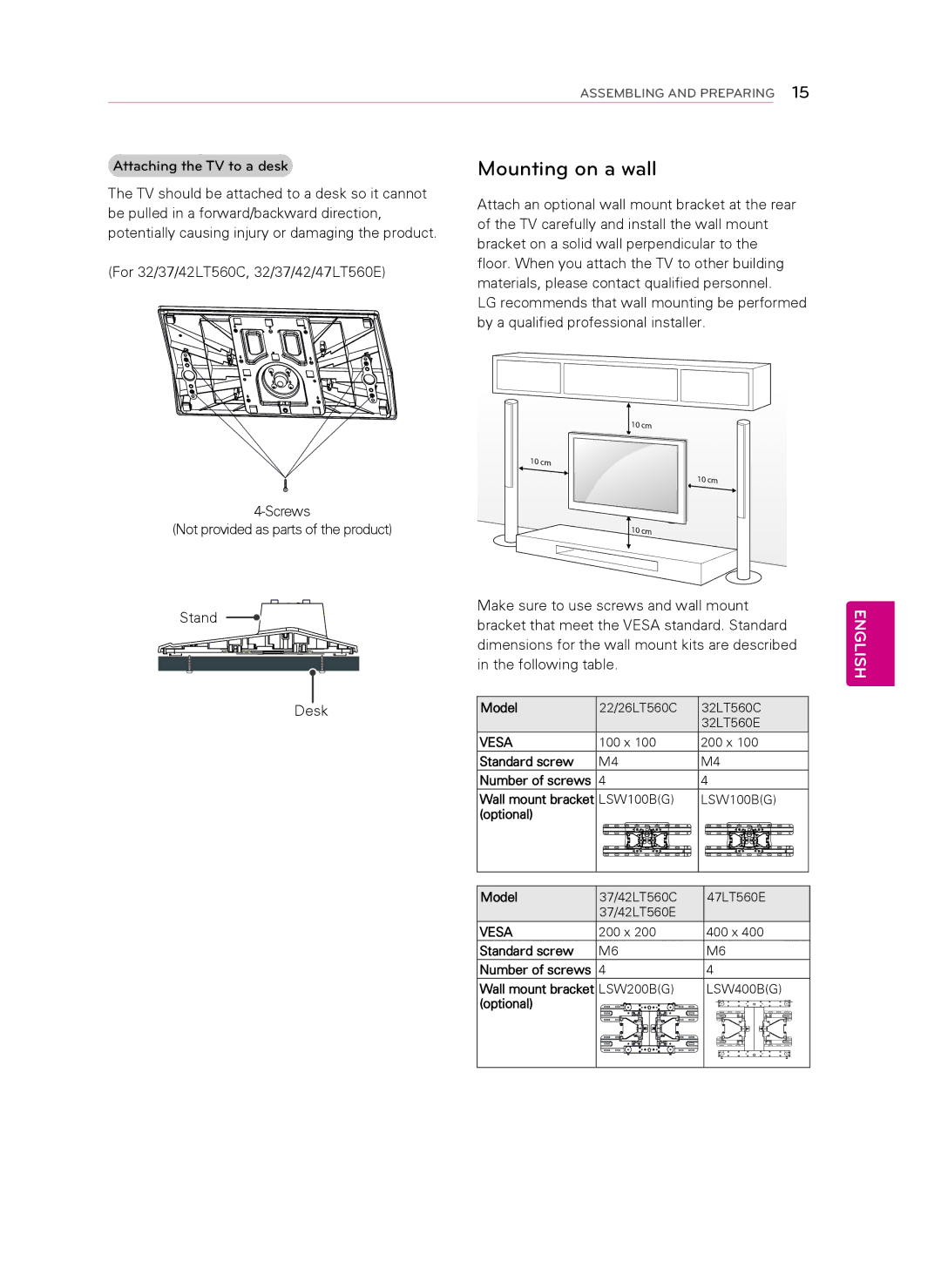 LG Electronics 26LT560C, 47LT560E, 42LT560E, 42LT560C, 37LT560E, 37LT560C, 22LT560C, 32LT560E Standard screw, Optional Model 