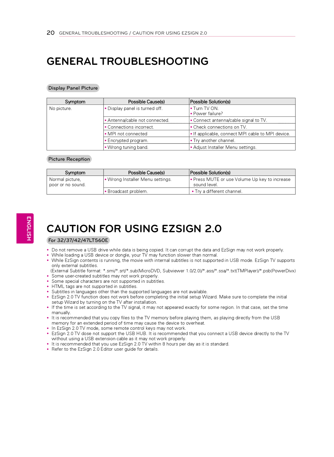 LG Electronics 42LT560C, 47LT560E, 42LT560E, 37LT560E General Troubleshooting, Symptom Possible Causes Possible Solutions 