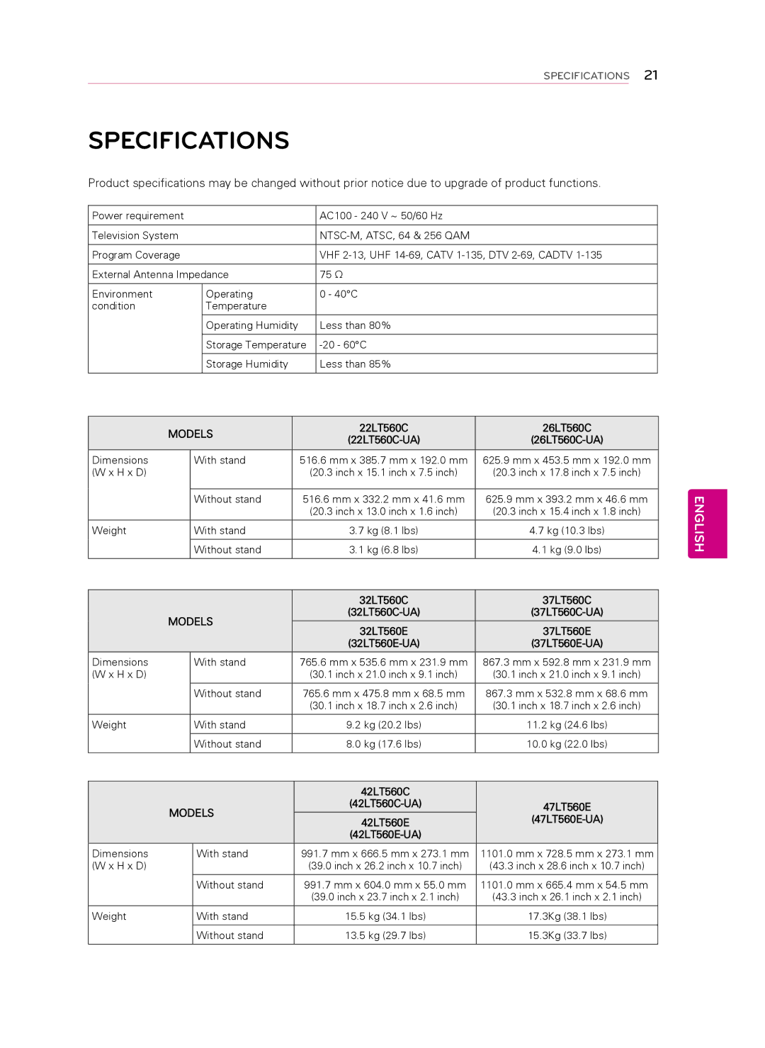 LG Electronics 37LT560E, 42LT560E, 42LT560C, 37LT560C, 22LT560C, 26LT560C, 32LT560E, 32LT560C manual Specifications, 47LT560E-UA 