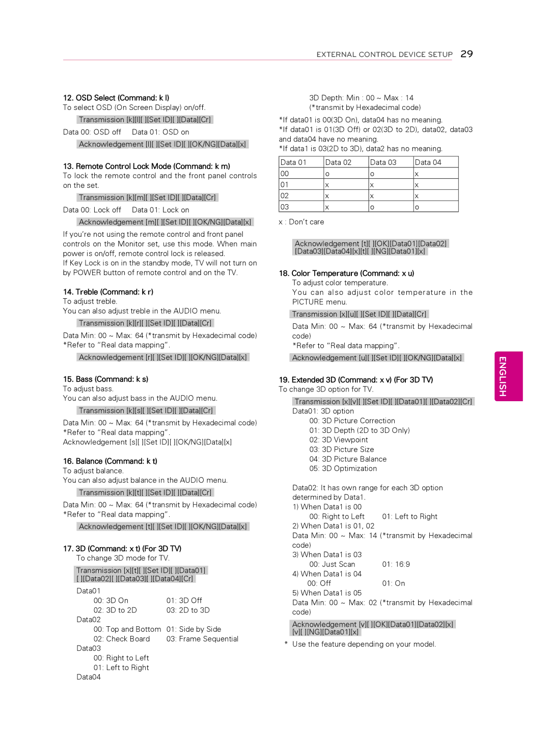 LG Electronics 42LT560C OSD Select Command k l, Remote Control Lock Mode Command k m, Treble Command k r To adjust treble 