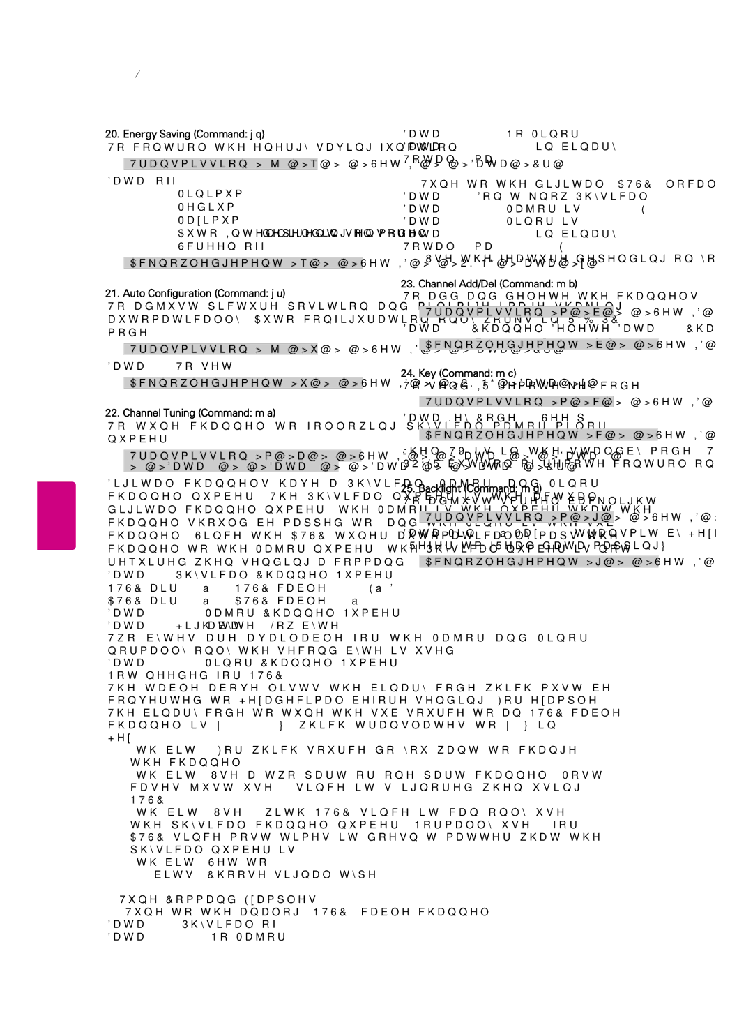 LG Electronics 37LT560E, 47LT560E Energy Saving Command j q, Auto Configuration Command j u Channel Add/Del Command m b 