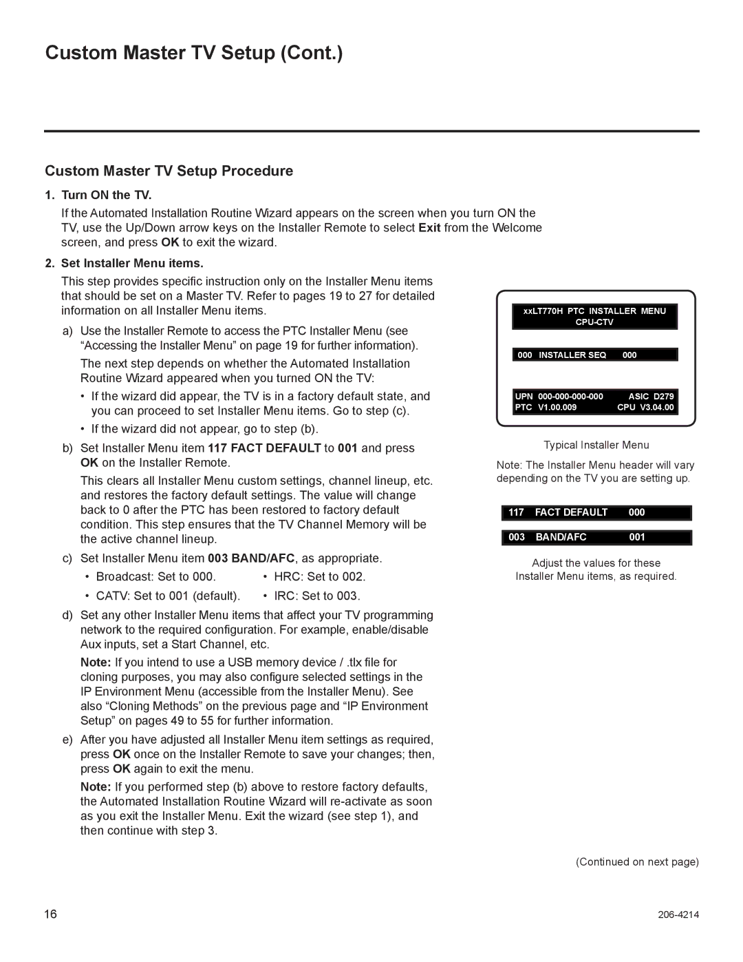 LG Electronics 47LT770H, 42LT770H, 37LT770H Custom Master TV Setup Procedure, Turn on the TV, Set Installer Menu items 