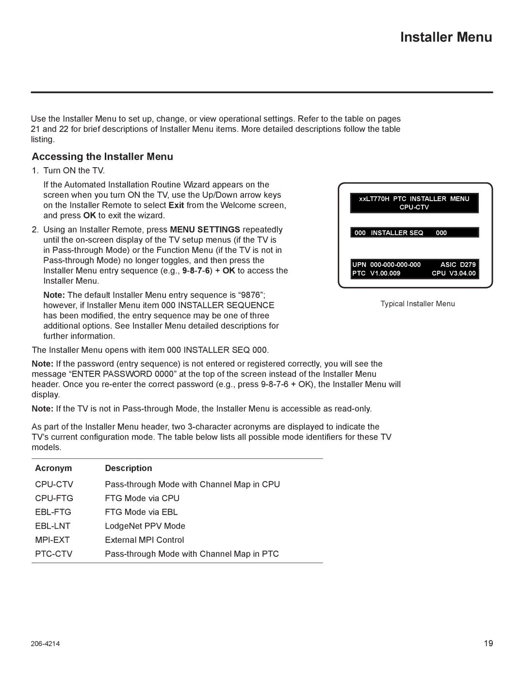 LG Electronics 32LT770H, 47LT770H, 42LT770H, 37LT770H setup guide Accessing the Installer Menu, Acronym Description 