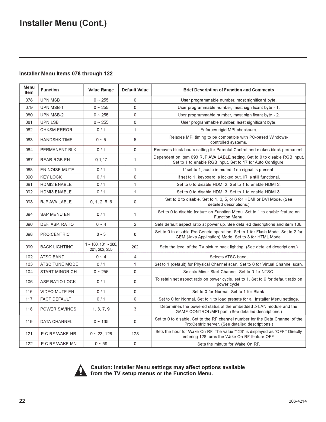 LG Electronics 37LT770H, 47LT770H, 42LT770H, 32LT770H setup guide Installer Menu Items 078 through, Rear RGB EN 