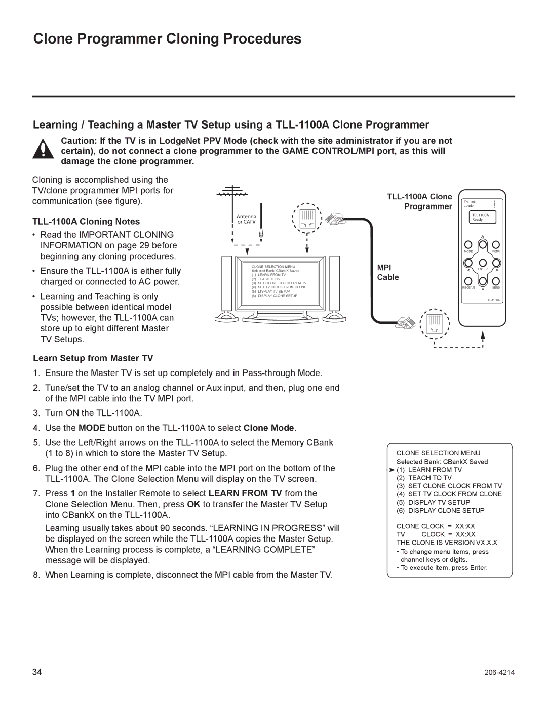 LG Electronics 37LT770H Clone Programmer Cloning Procedures, TLL-1100A Cloning Notes, TLL-1100A Clone Programmer, Mpi 